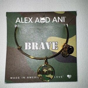 Alex and Ani BRAVE Bangle Bracelet Gold Tone Expandable Round Camo Charm